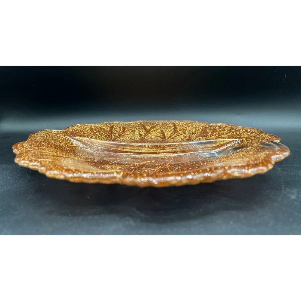 Vtg Amber Gold Indiana‎ Glass Leaf Tree of Life Divided Relish Dish Textured 10